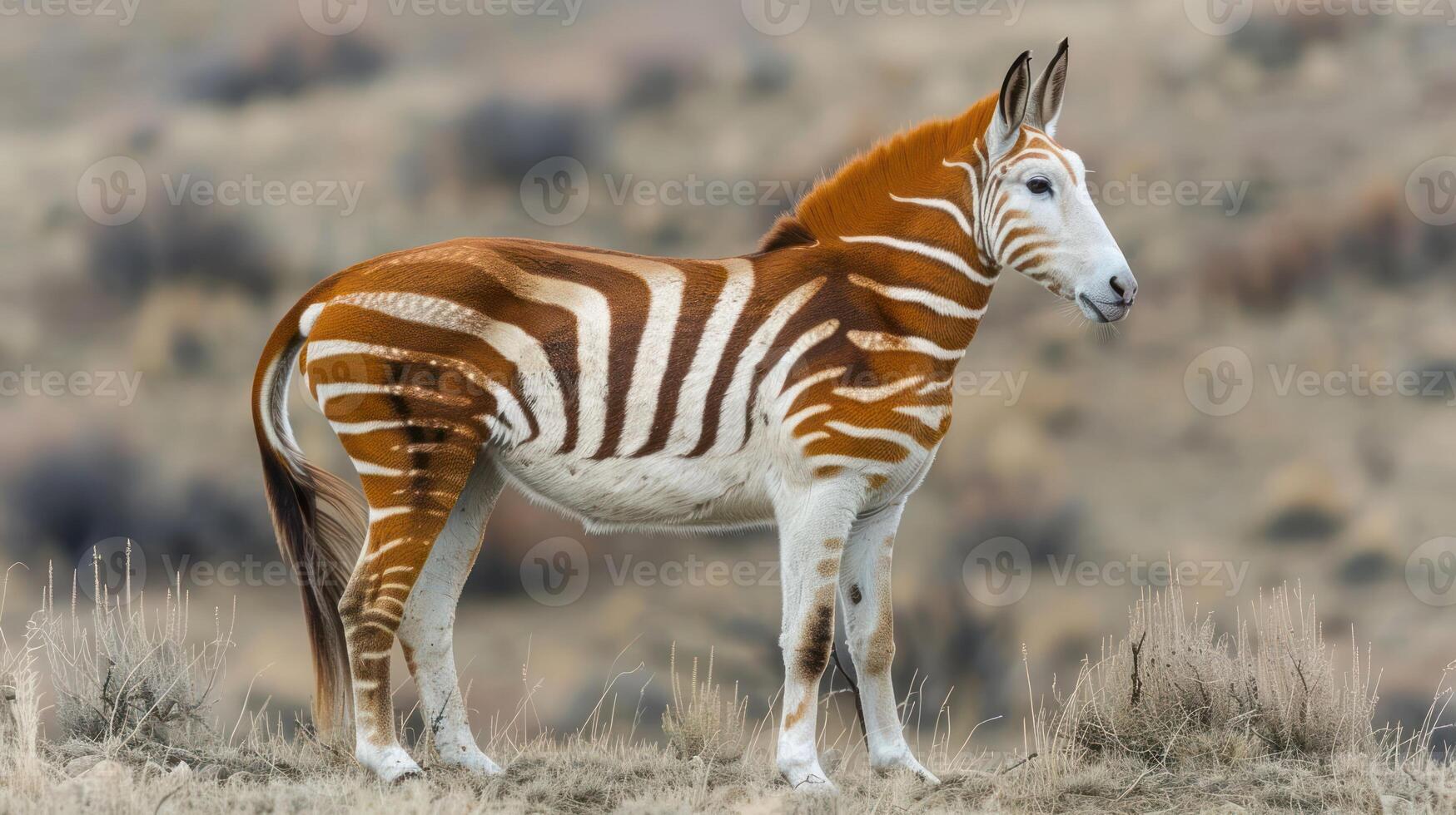 A striking zebra with unusual orange stripes stands majestically in a serene landscape photo