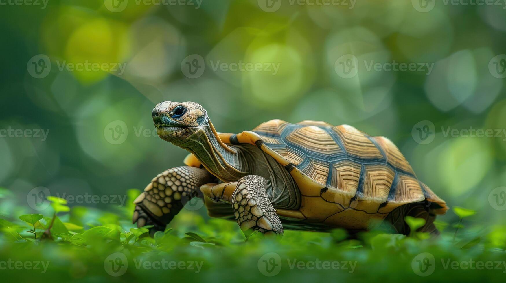 A tortoise gracefully traversing lush greenery, surrounded by soft bokeh in a tranquil setting photo