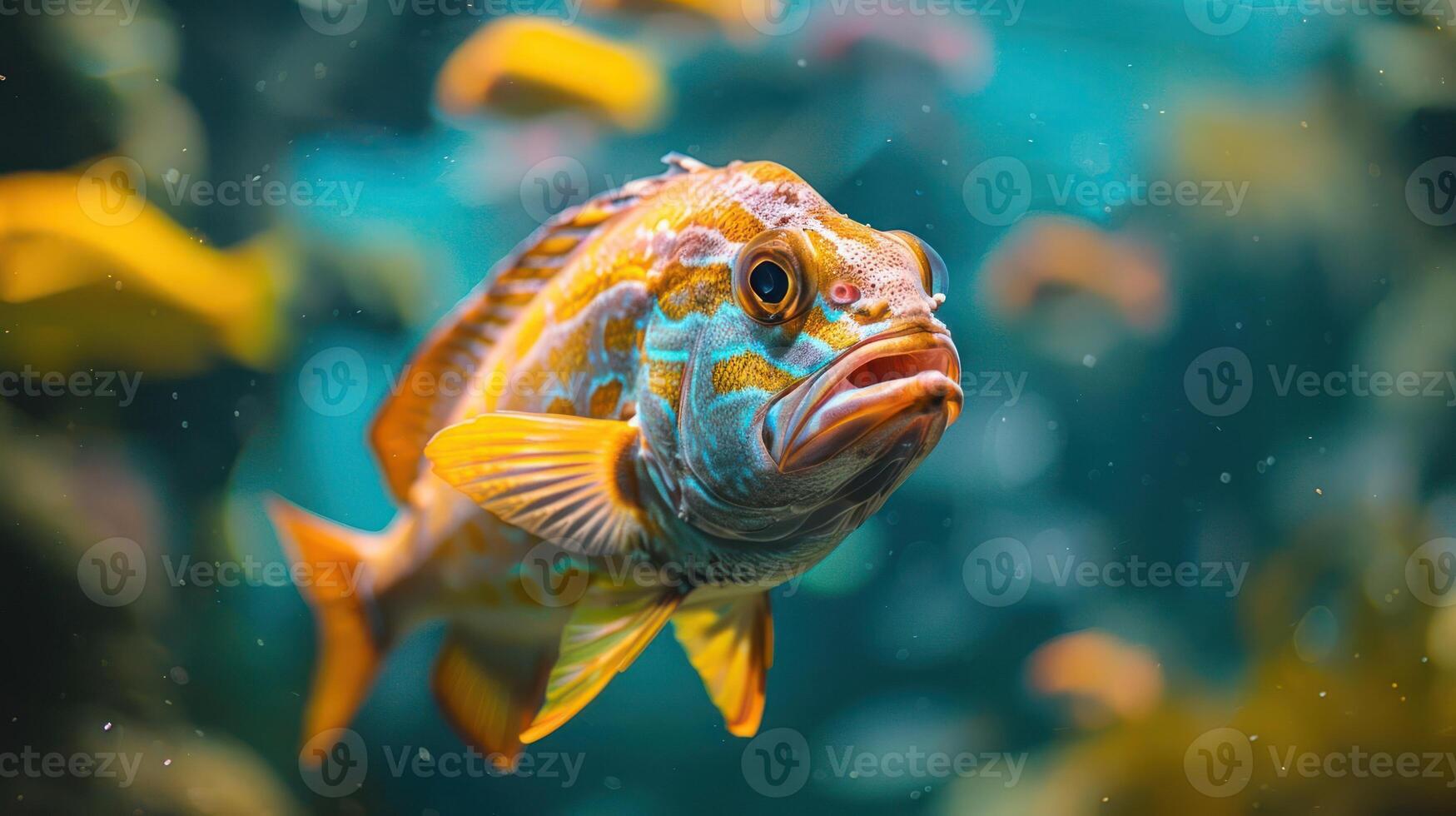 Vibrant underwater scene showcasing a colorful fish swimming among a school of yellow fish photo