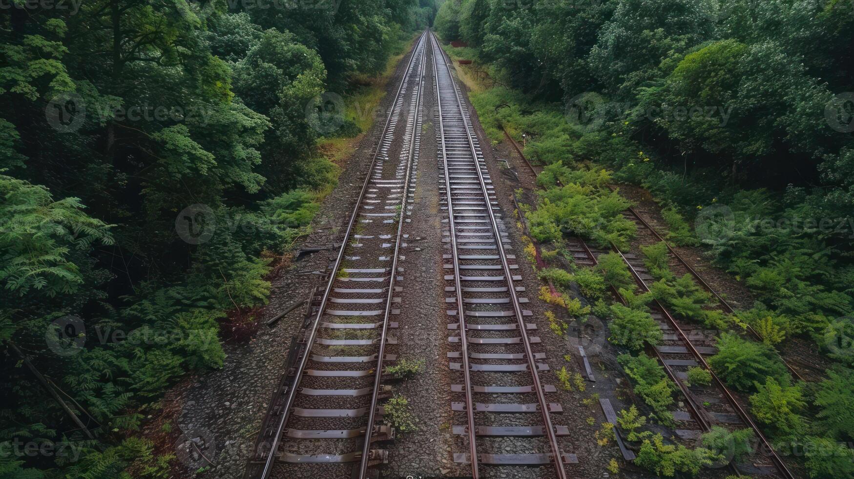 Overgrown railway tracks stretching through a lush green forest, showcasing nature's reclaiming photo