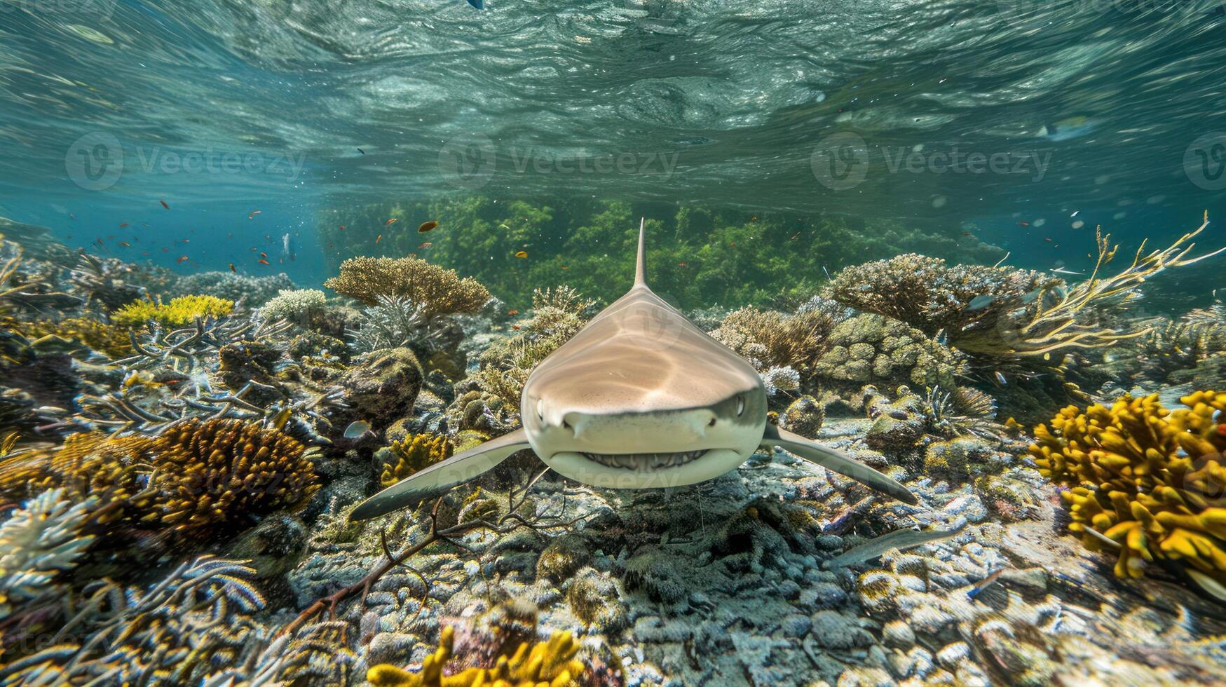 Underwater scene featuring a shark swimming over a vibrant coral reef with colorful fish photo