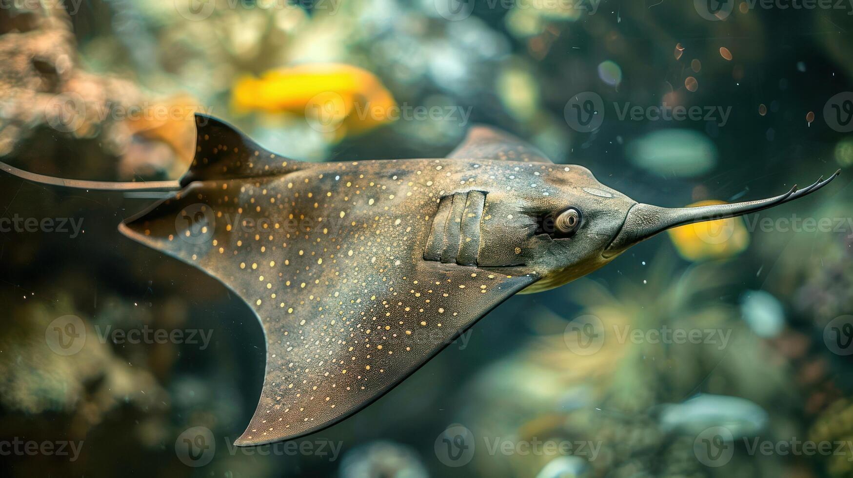 A majestic stingray gliding through a vibrant underwater ecosystem filled with colorful fish photo