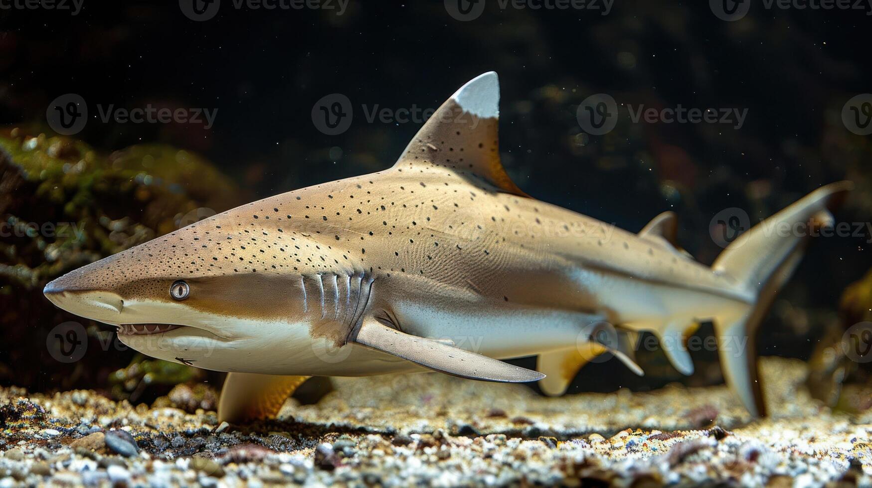 A graceful shark glides through a vibrant underwater scene, surrounded by colorful marine life photo