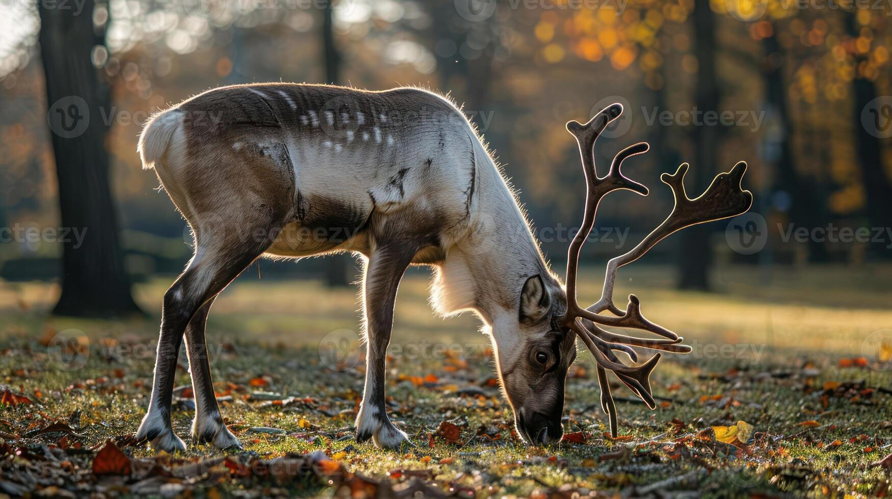 Majestic reindeer grazing in a sunlit forest, surrounded by autumn foliage and soft light photo