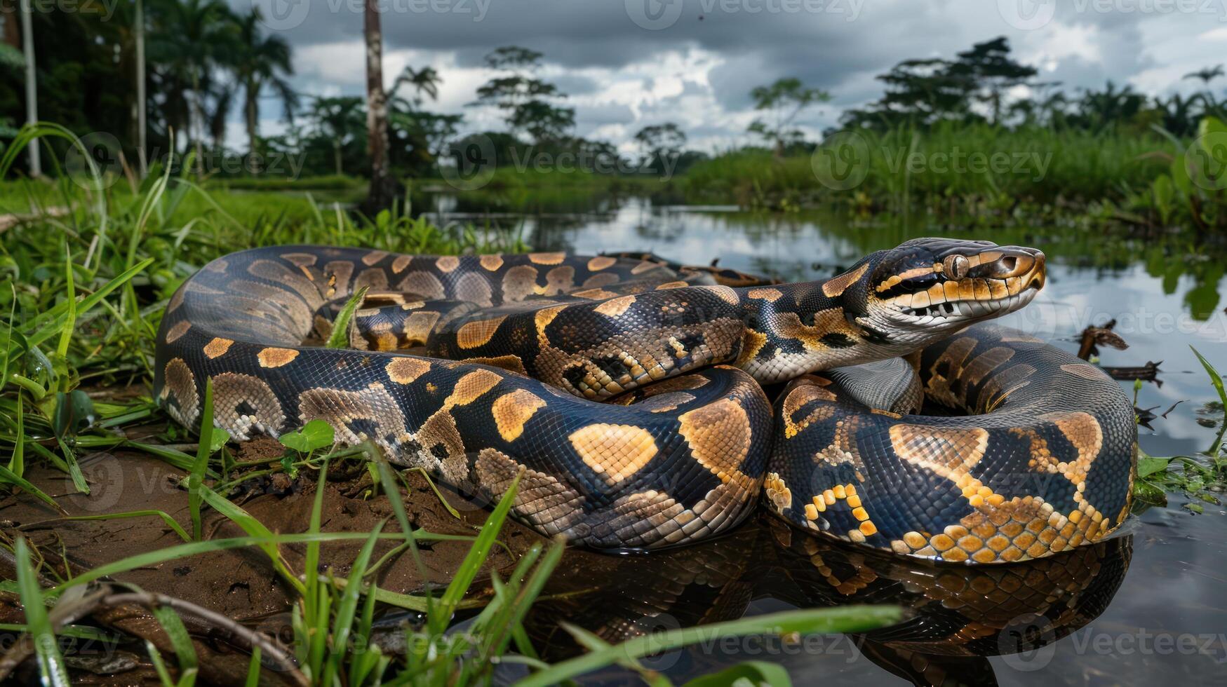 A vibrant snake resting on the riverbank surrounded by lush greenery and overcast skies photo