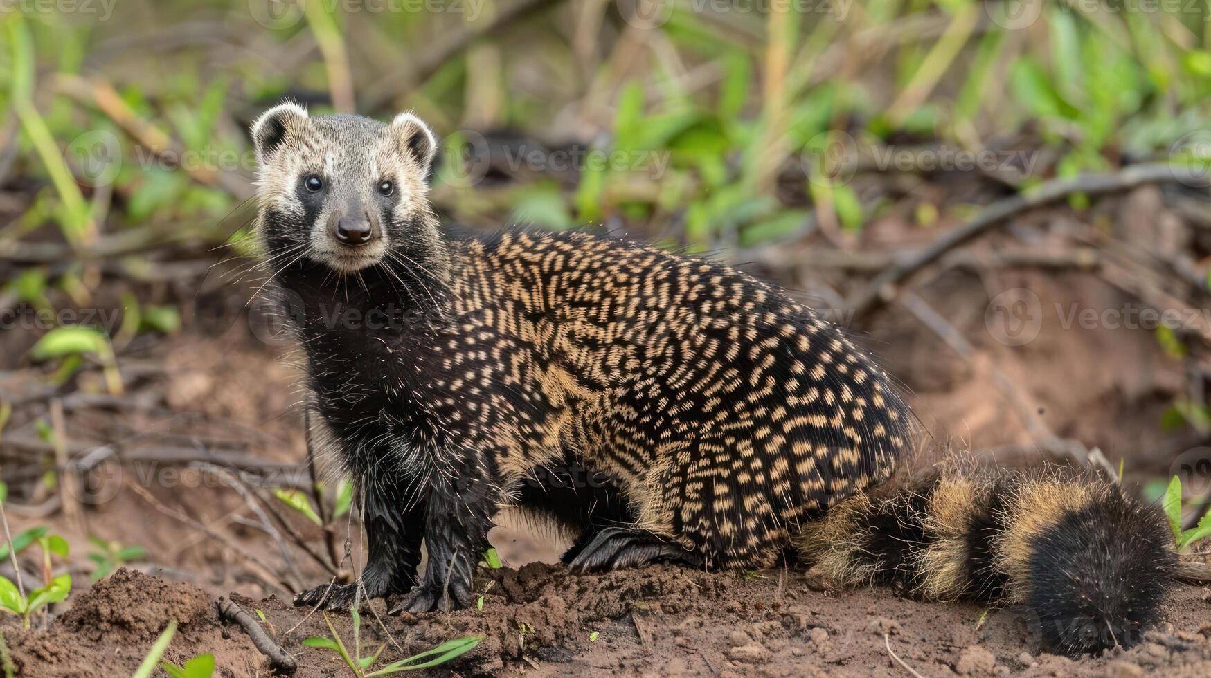 Spotted animal in natural habitat, showcasing unique patterns against a blurred background photo