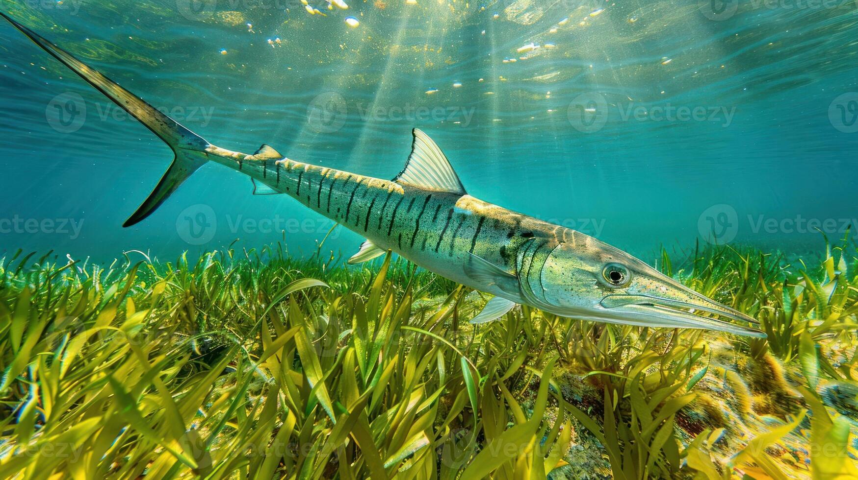 Underwater view of a barracuda swimming gracefully among seagrass with sun rays filtering through water photo