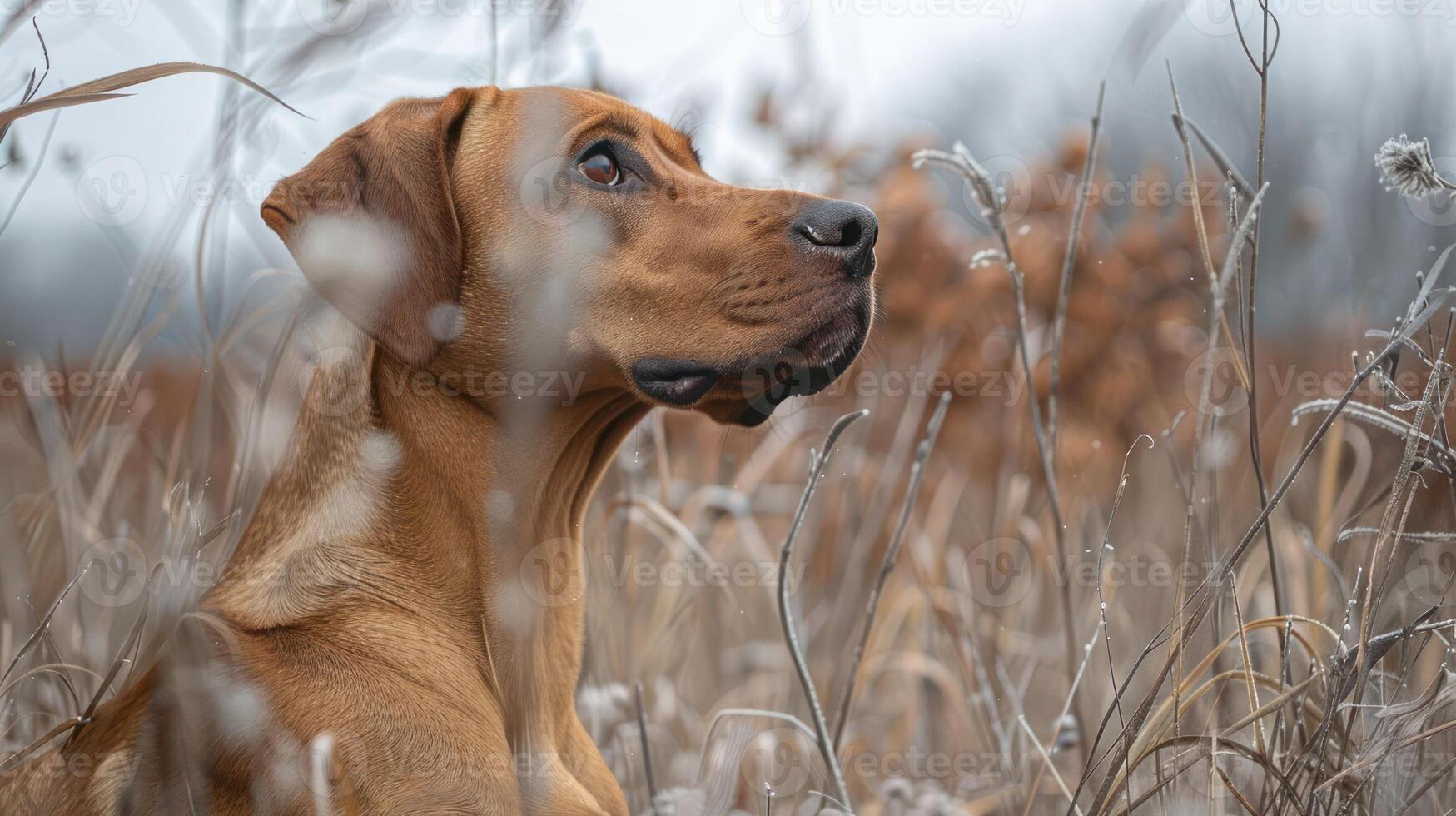 A close-up of a brown dog sitting gracefully in a frosty field, with soft, blurred background elements photo