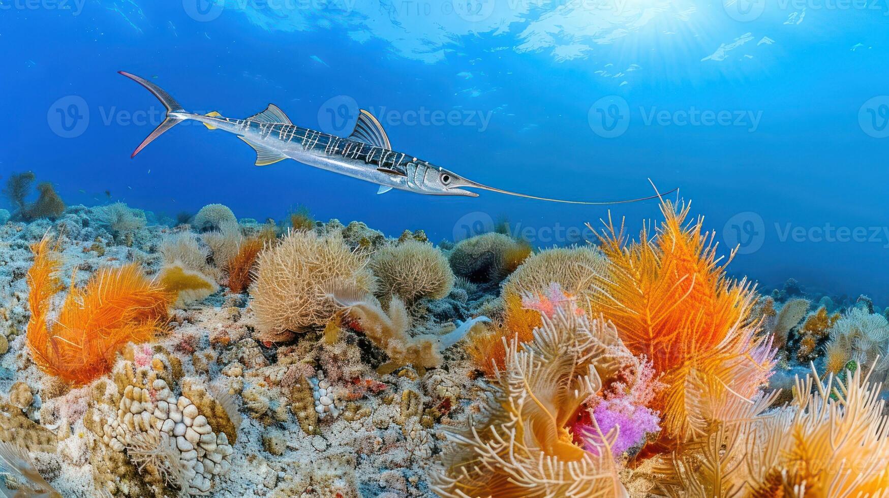 A vibrant underwater scene showcasing a barracuda swimming among colorful corals in a reef photo