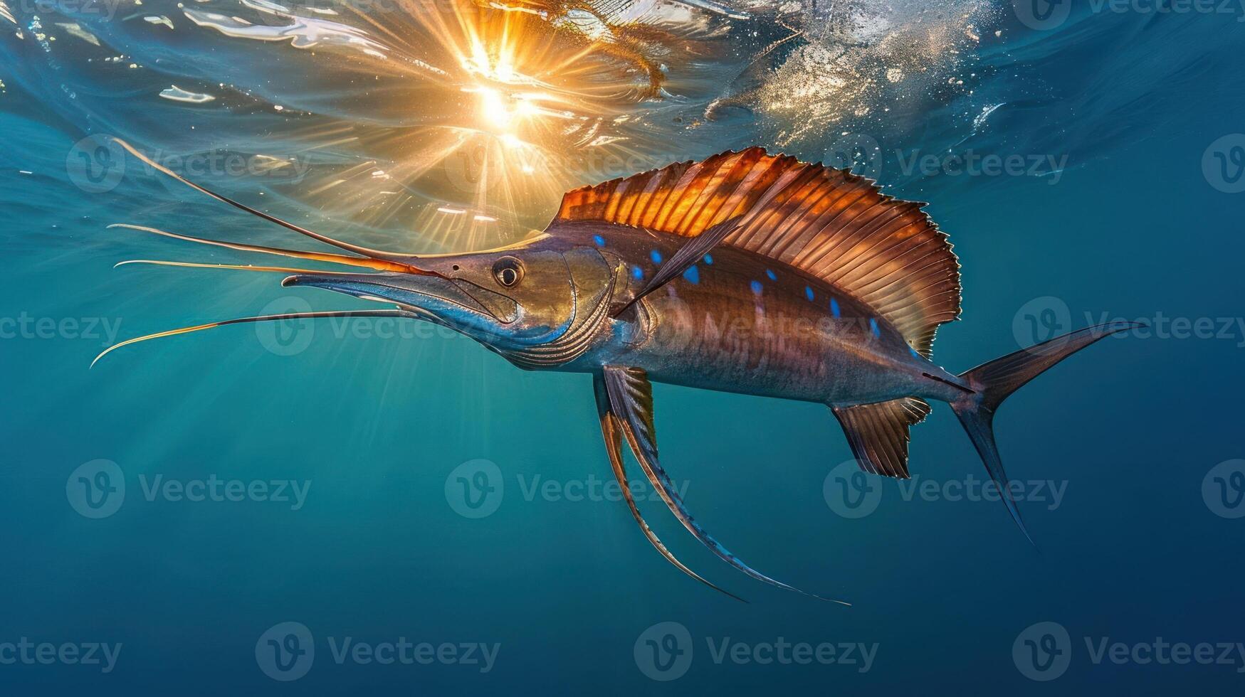 Vibrant Sailfish Swimming Underwater with Sunlight Rays Illuminating the Scene photo