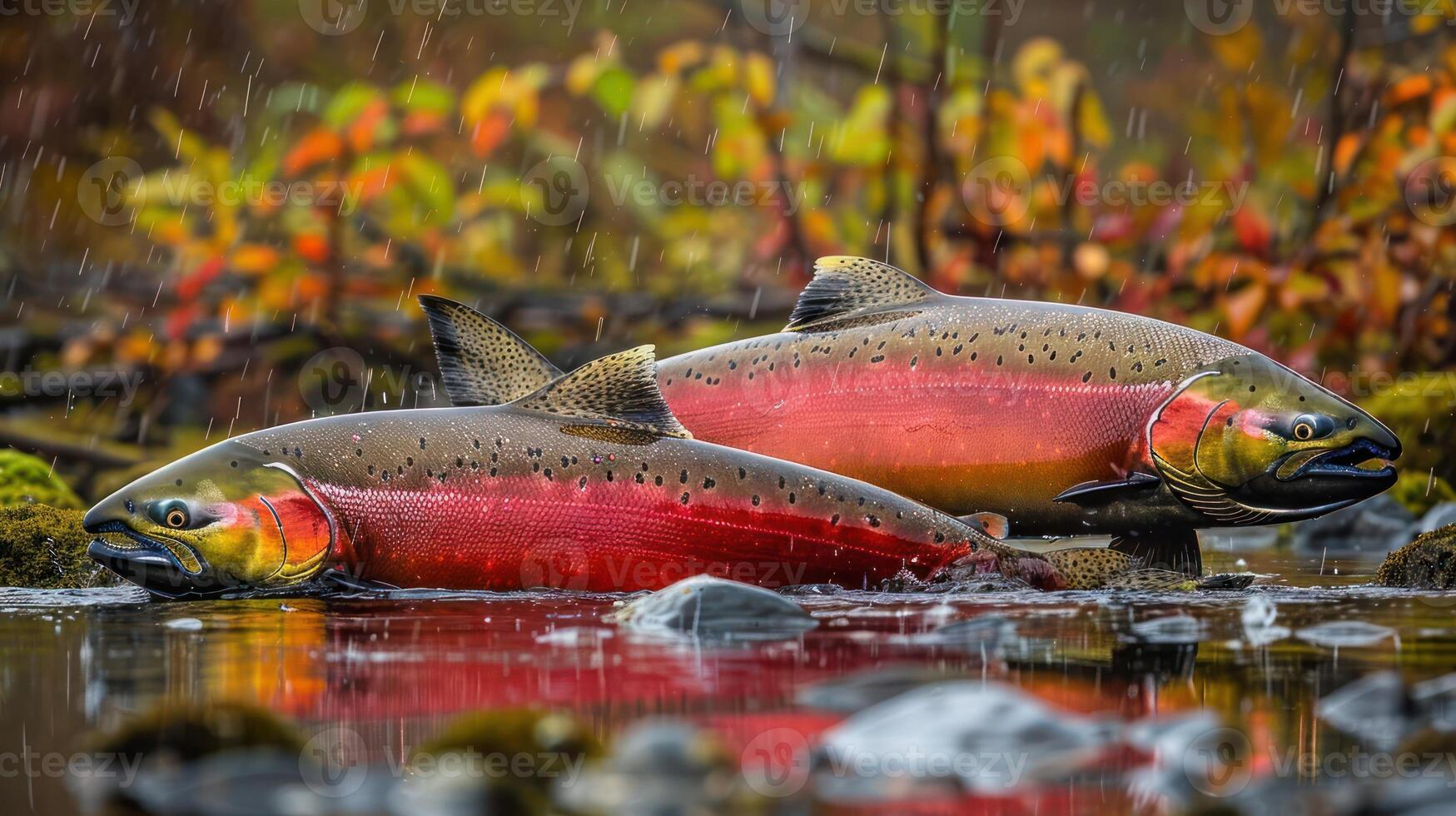 Two vibrant salmon swimming in a serene river surrounded by colorful autumn foliage photo