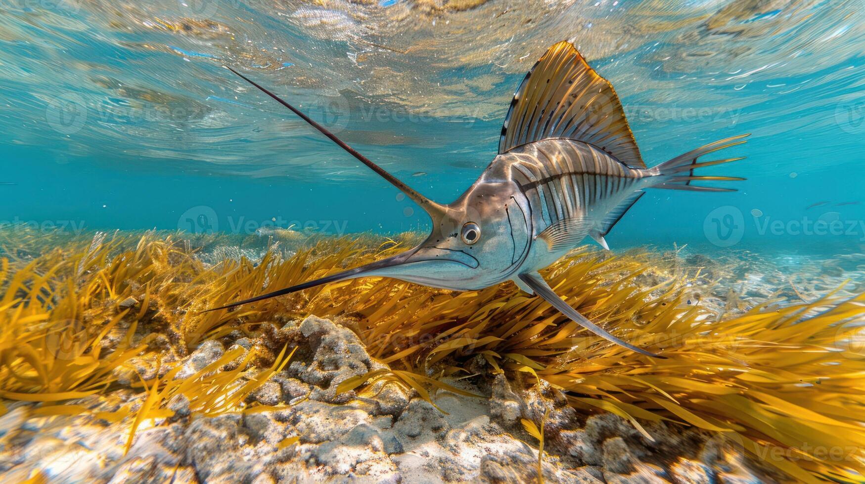 A majestic marlin swimming gracefully through vibrant seaweed in a clear ocean setting photo