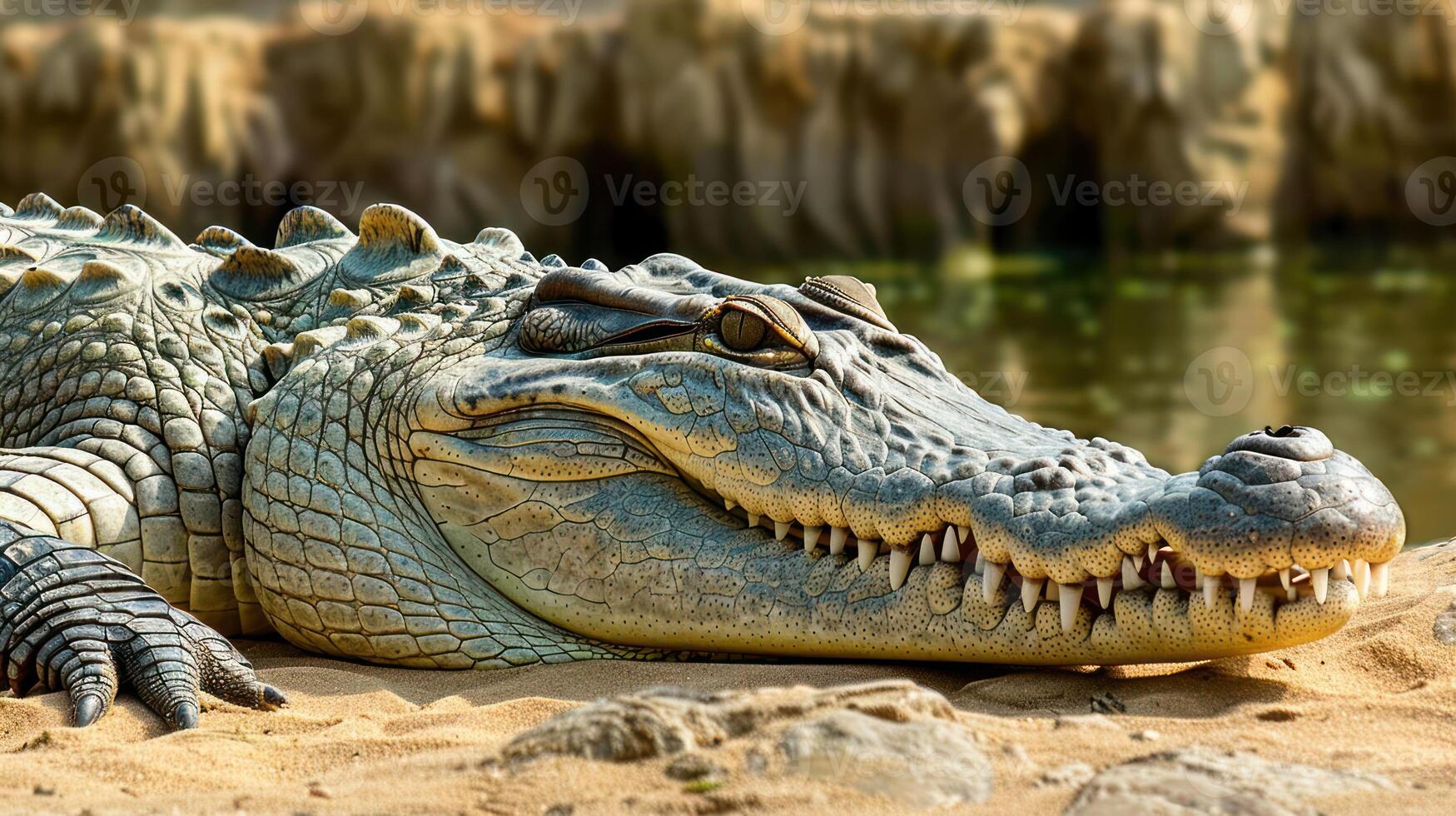 A close-up of a resting crocodile on sandy shore by a tranquil water body, with rocky background photo