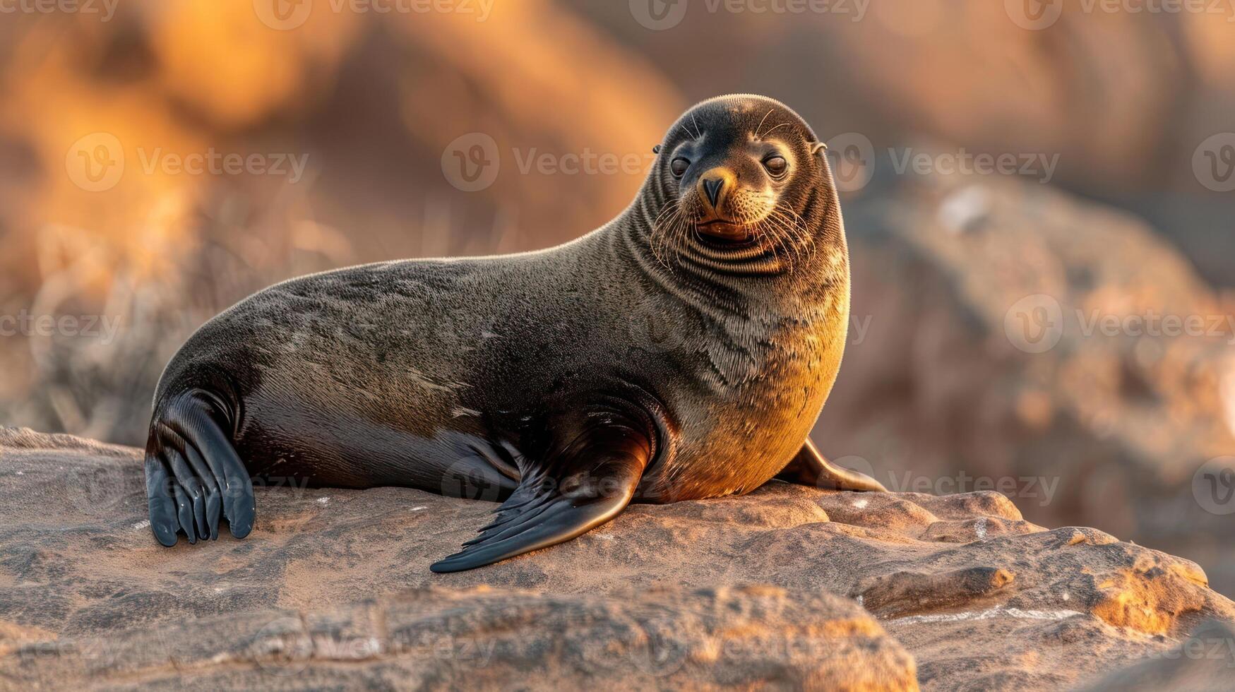 A serene sea lion lounging on a sunlit rocky shore, with gentle waves in the background photo