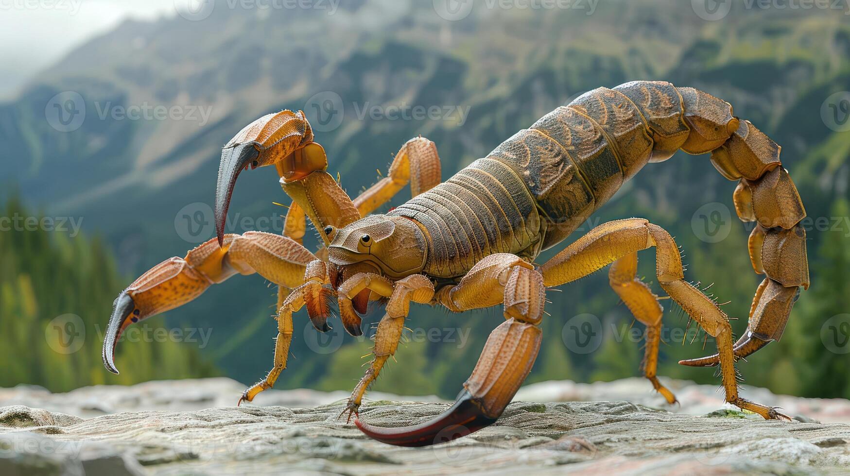 Detailed close-up of a scorpion on a rocky surface with a mountainous landscape in the background photo