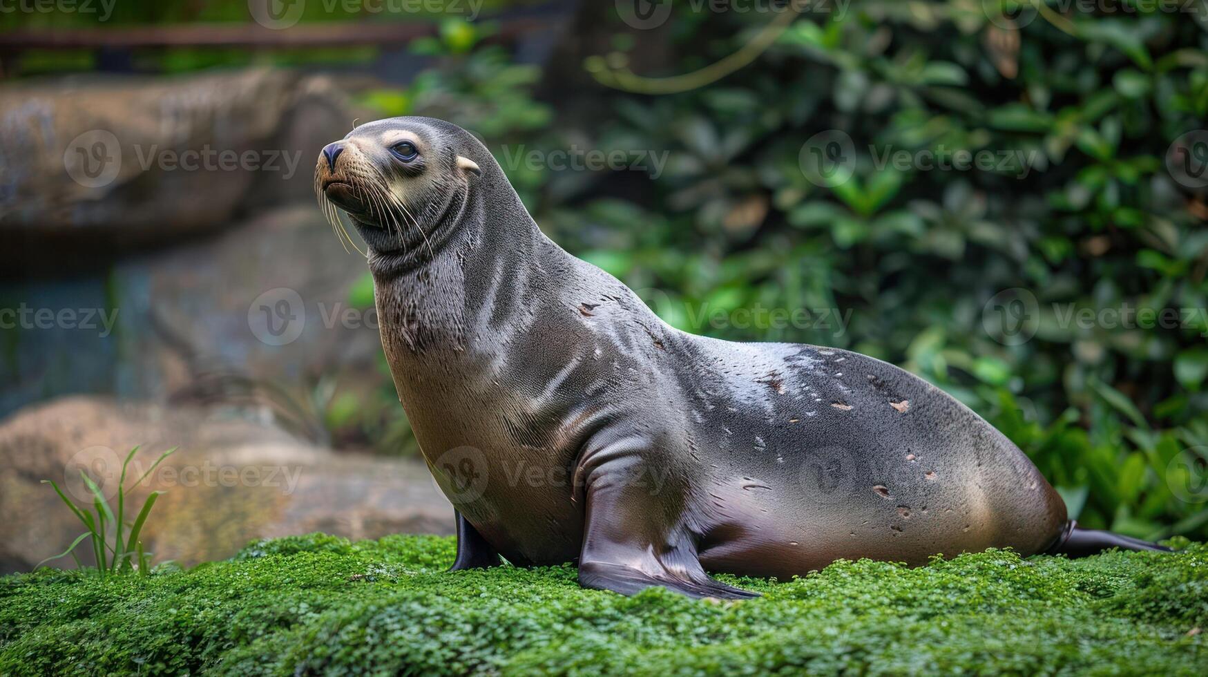 Sea lion resting on lush greenery with a natural habitat backdrop and blurred foliage photo
