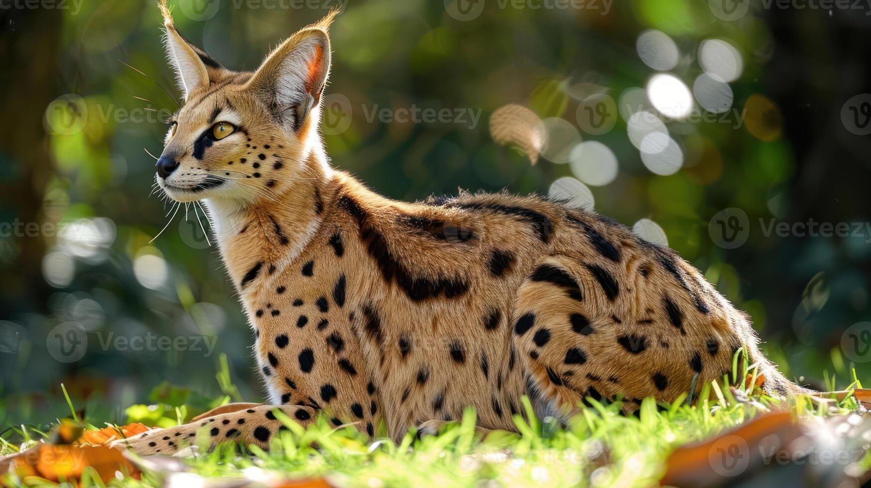 Serene serval in a sunlit garden, surrounded by vibrant foliage and soft bokeh background photo