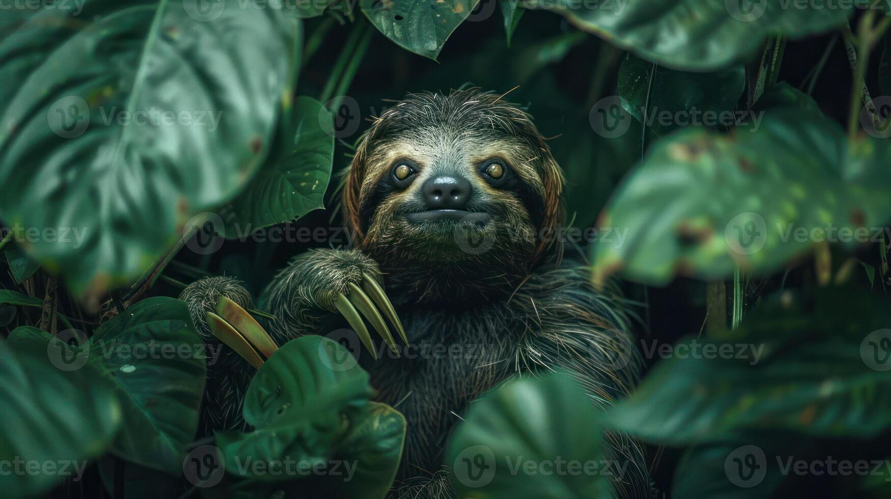 A curious sloth peeking through lush green foliage in a vibrant rainforest environment photo
