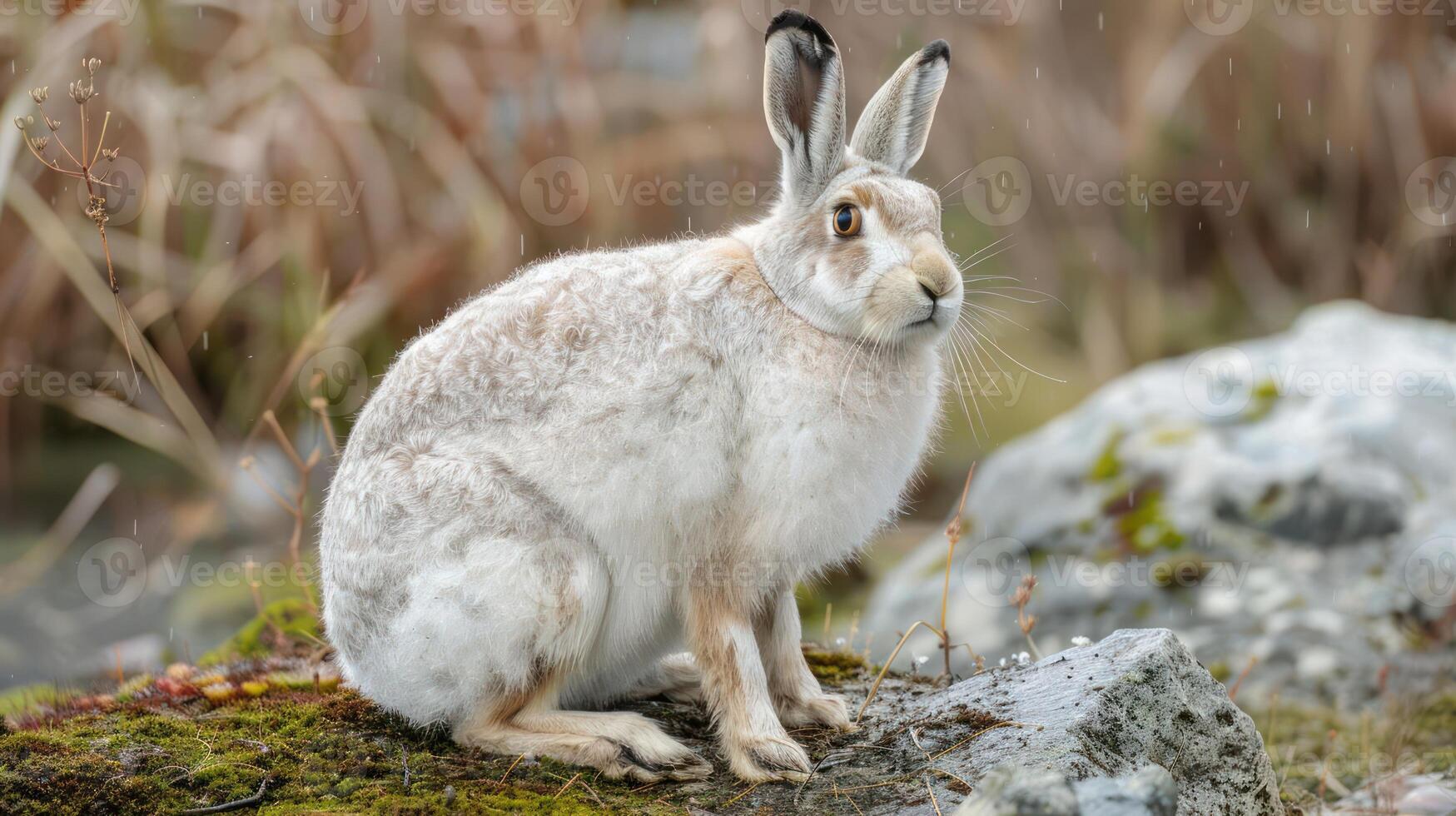 A serene snowshoe hare sitting on a moss-covered rock near a tranquil wetland, surrounded by tall grasses photo