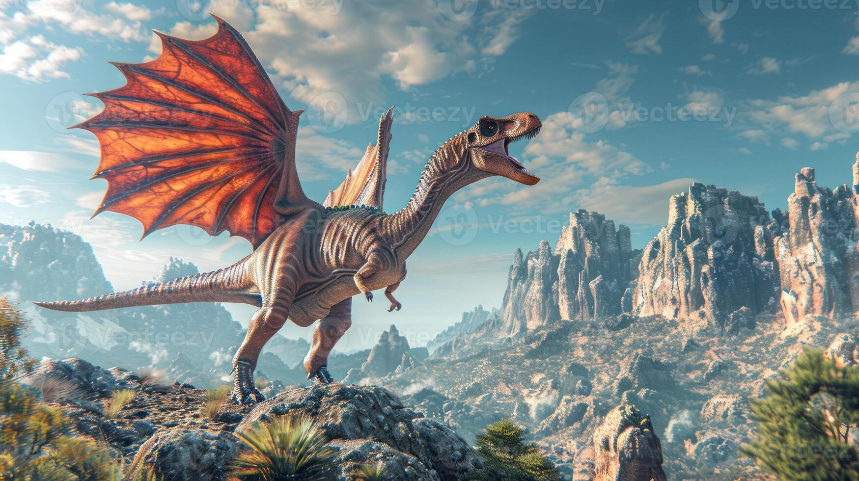 A majestic dragon with vibrant wings stands on a rocky outcrop in a stunning mountainous landscape photo