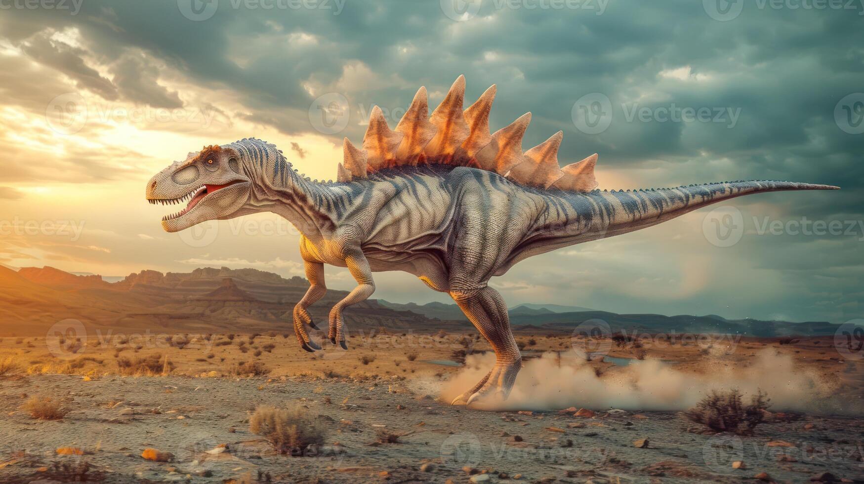 A dynamic scene of a dinosaur running across a desert landscape at sunset, with dramatic clouds photo