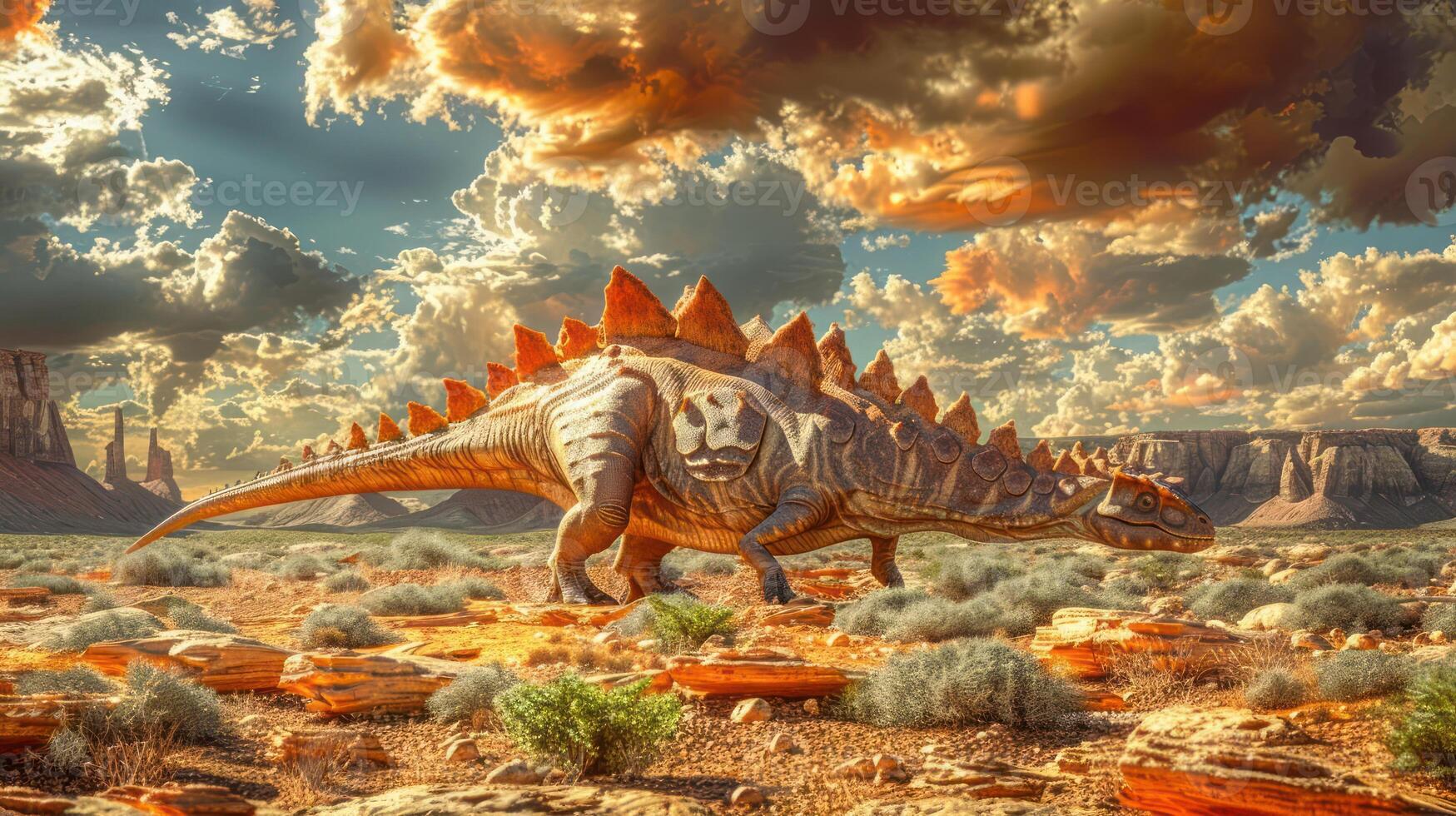 A majestic dinosaur-like creature roams a vibrant desert landscape under a dramatic sky photo