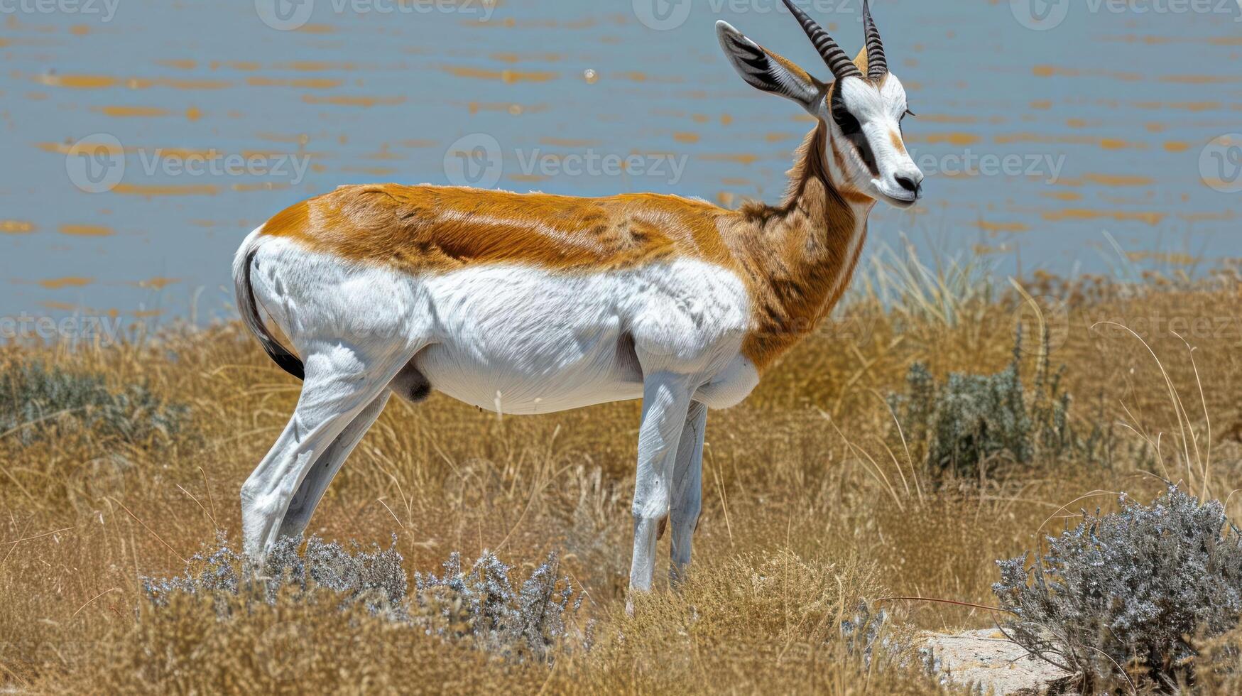 A graceful antelope stands by a serene water body, surrounded by dry grass and shrubs photo