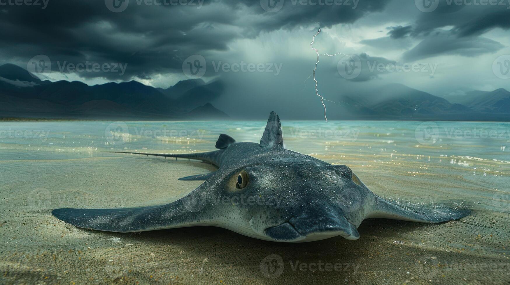A majestic stingray resting on a sandy shore under a stormy sky, with lightning in the distance photo