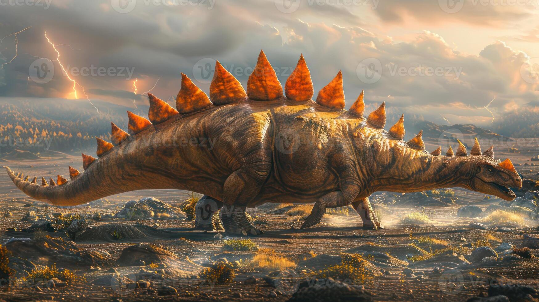 A majestic stegosaurus walking through a dramatic prehistoric landscape under stormy skies photo