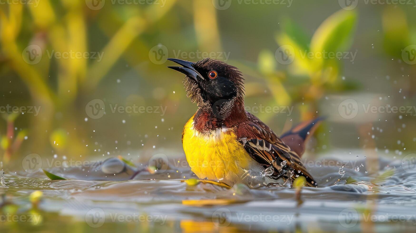 Vibrant bird splashing in water amidst lush greenery, showcasing nature's beauty and wildlife photo