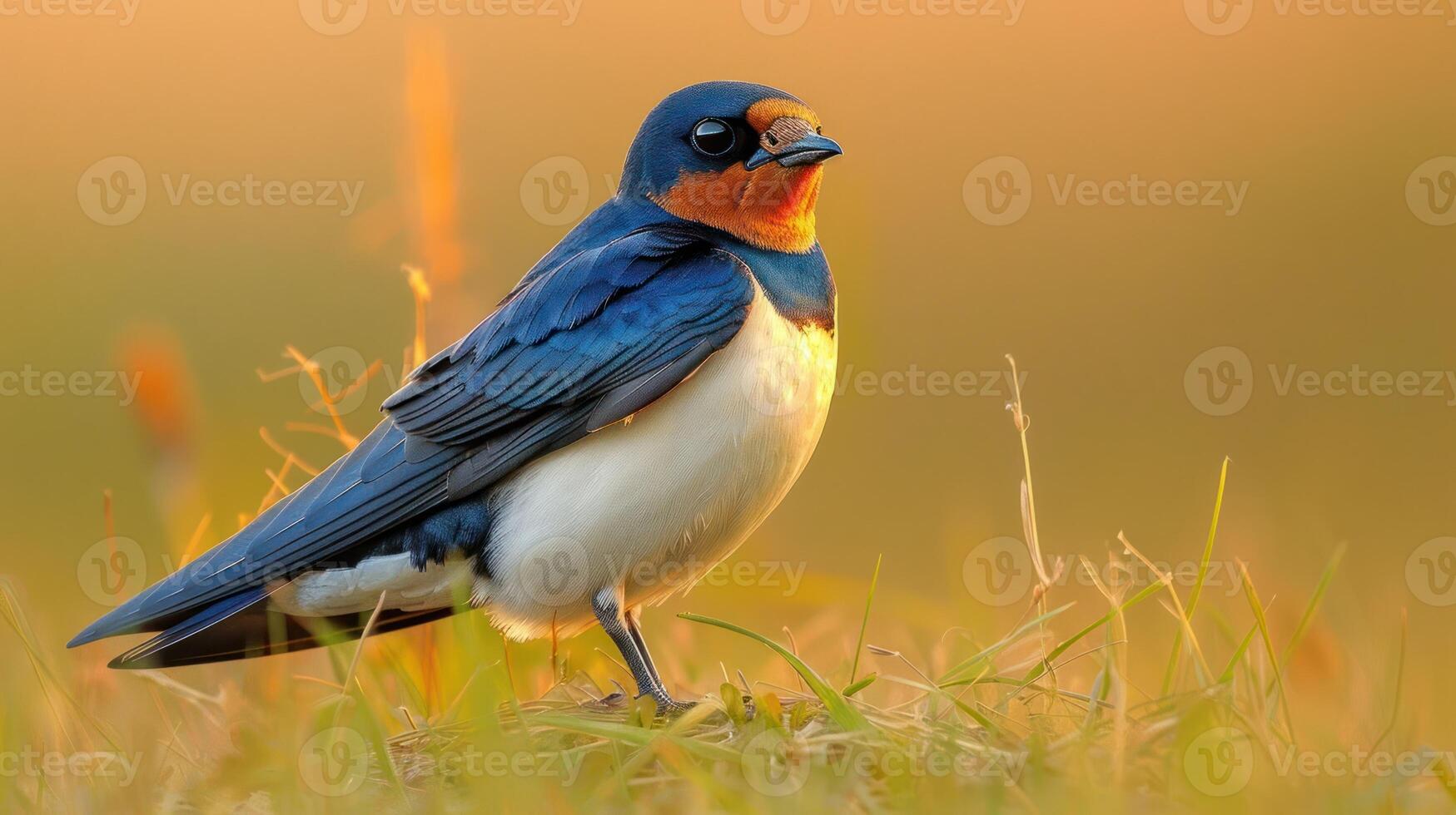 Colorful swallow bird perched on grass during sunset, showcasing vibrant plumage and serene background photo