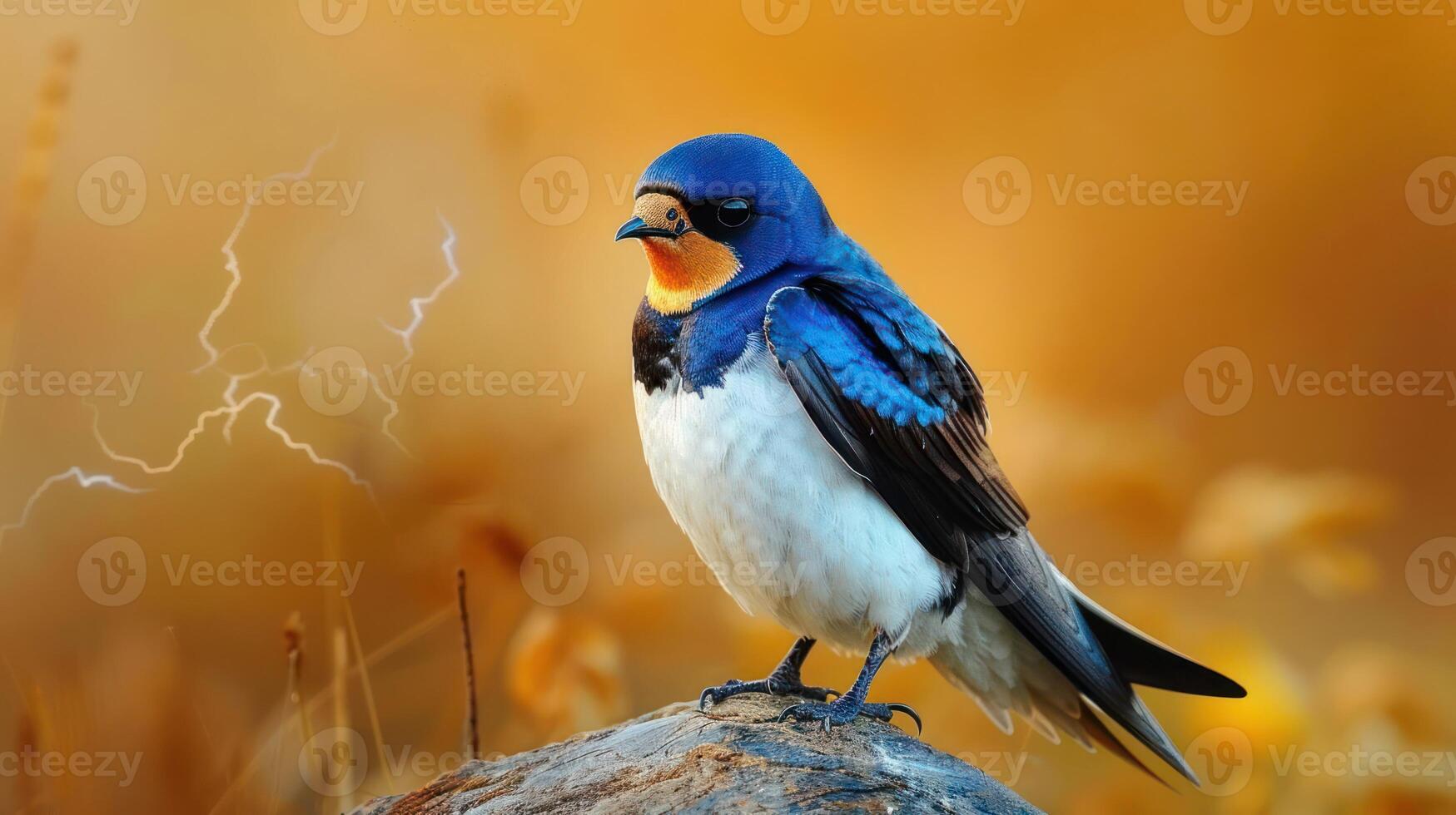 Vibrant swallow perched on a rock amidst a golden autumn landscape with dramatic lighting photo