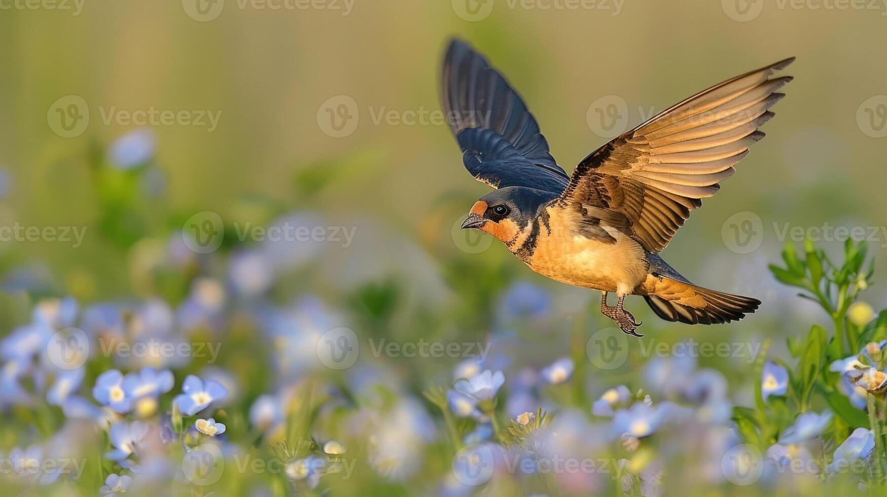 A swallow in mid-flight over a vibrant flower field during sunset, showcasing nature's beauty photo