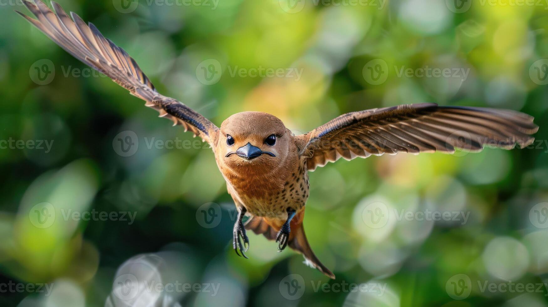 A close-up of a bird in mid-flight with outstretched wings against a blurred green background photo
