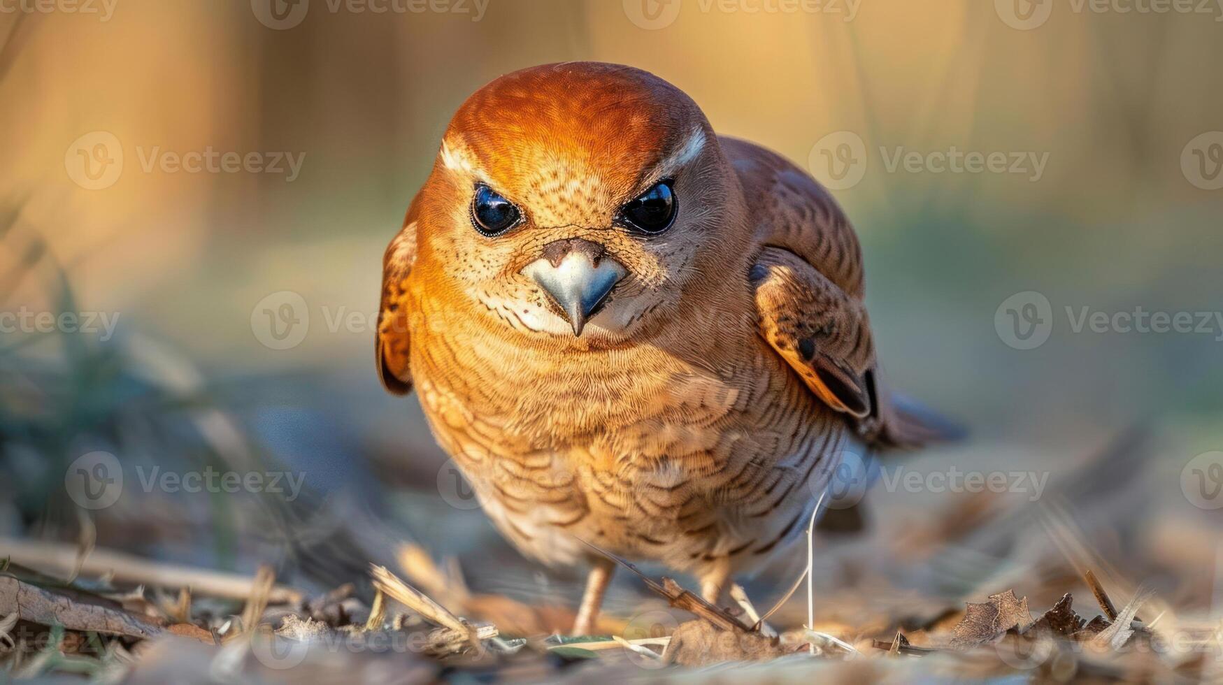 Close-up of a brown bird with striking eyes standing on the ground among soft foliage photo
