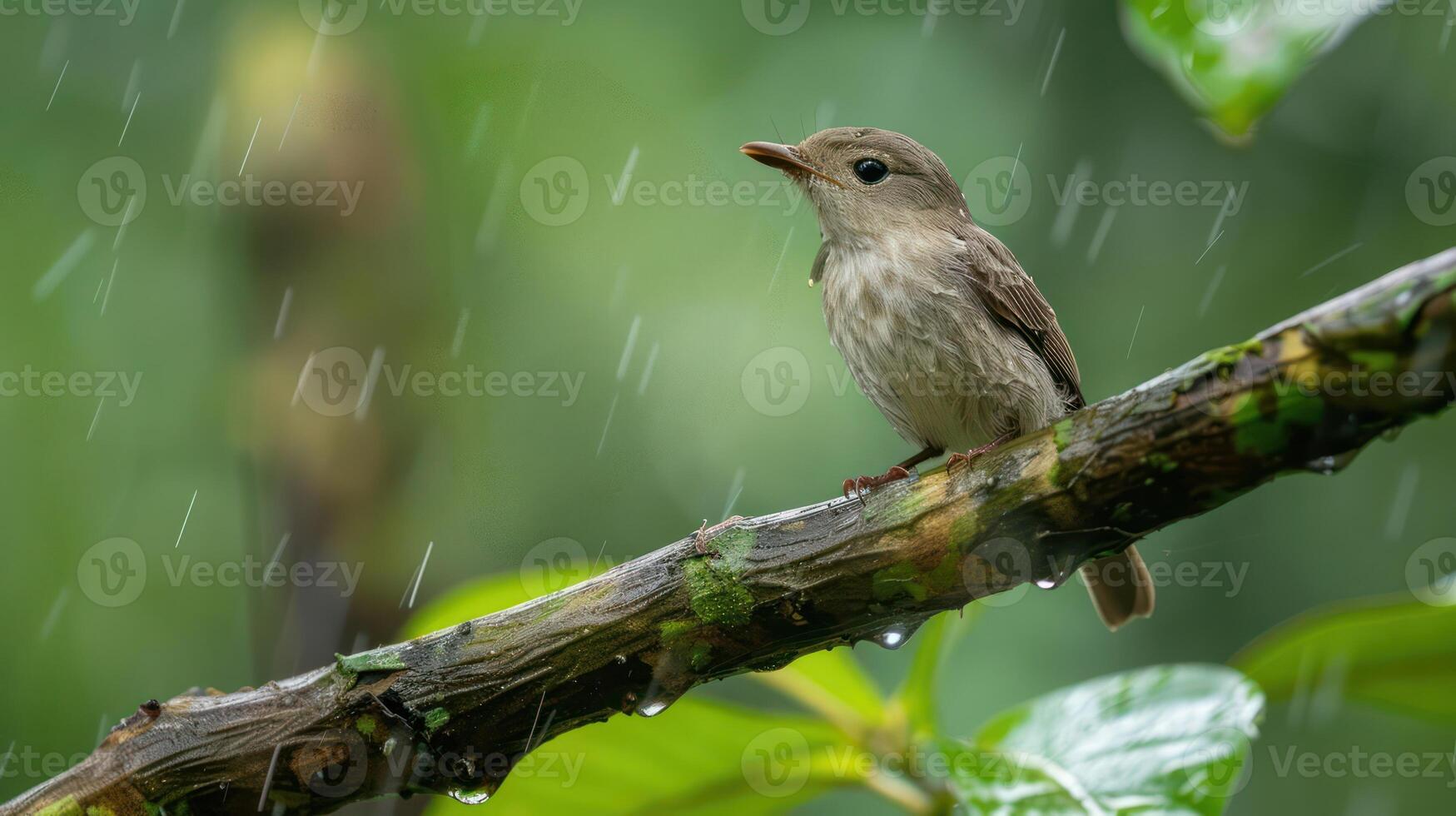 Small bird perched on a branch during rain, surrounded by lush greenery and droplets photo