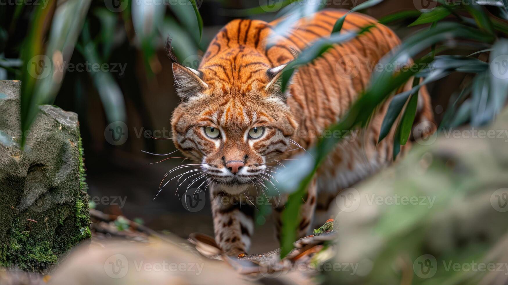 Majestic tiger prowling through lush greenery, showcasing its striking features and habitat photo