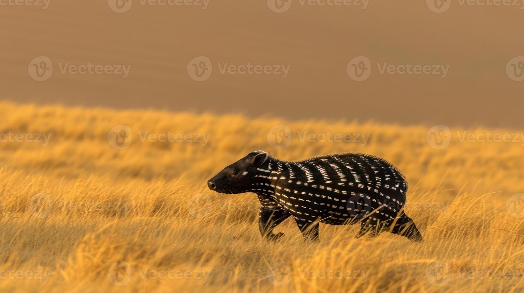 A spotted animal gracefully moves through golden grasslands during sunset, showcasing nature's beauty photo