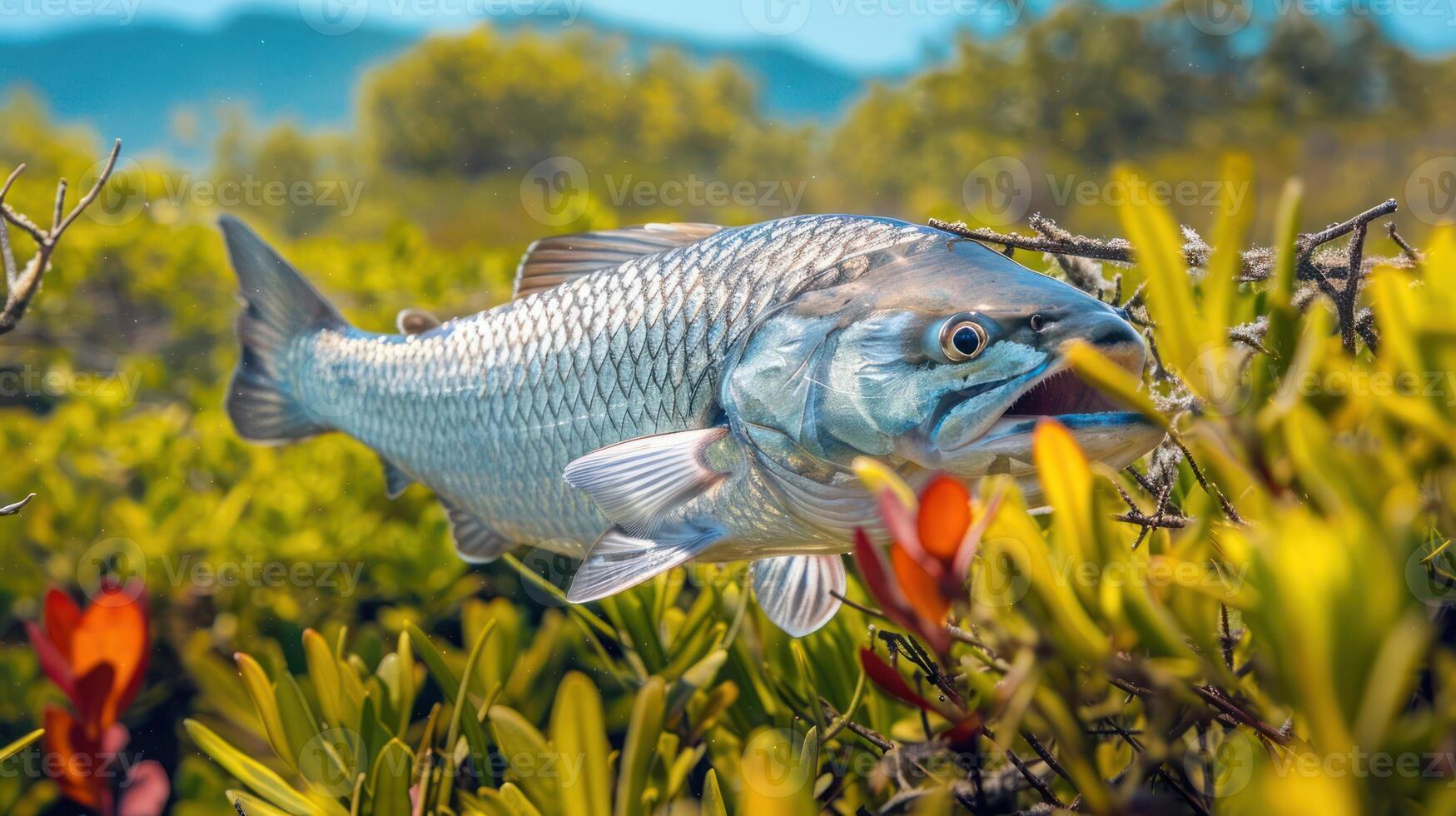 A vibrant fish swimming among lush mangrove vegetation in a serene coastal environment photo