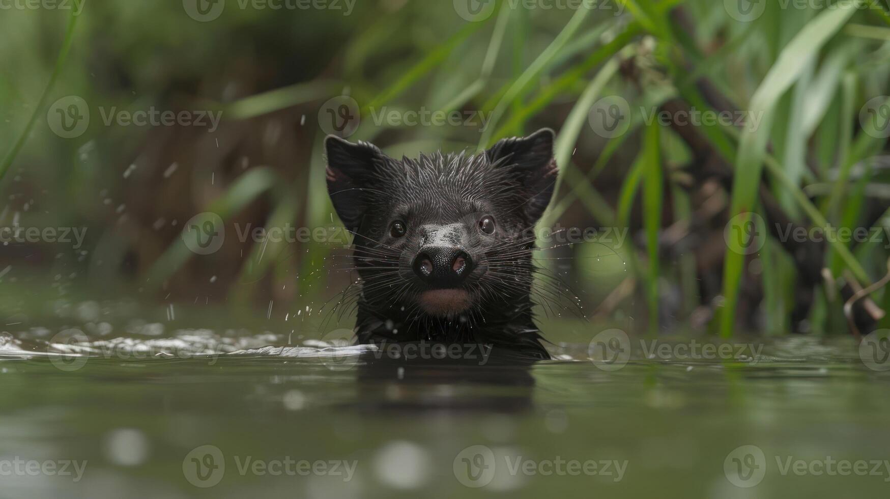 A wild animal emerging from water surrounded by lush greenery in a serene natural habitat photo