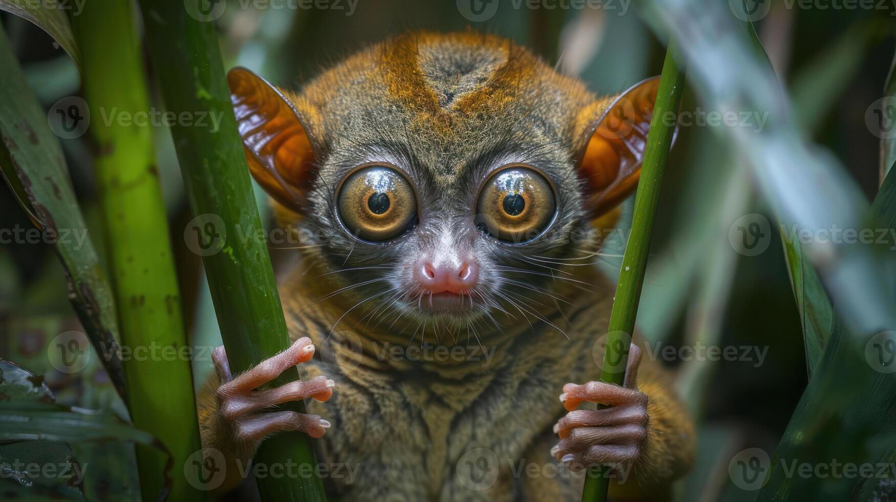 Close-up of a curious primate peering through green foliage in a lush, tropical habitat photo