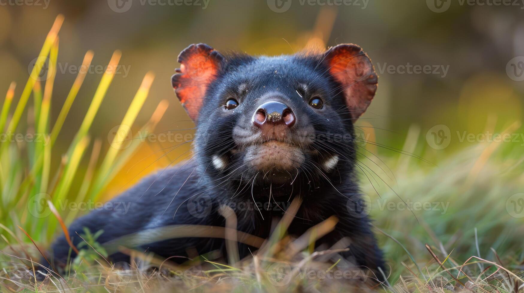 Close-up of a Tasmanian devil in a natural setting, showcasing its playful demeanor among grass photo