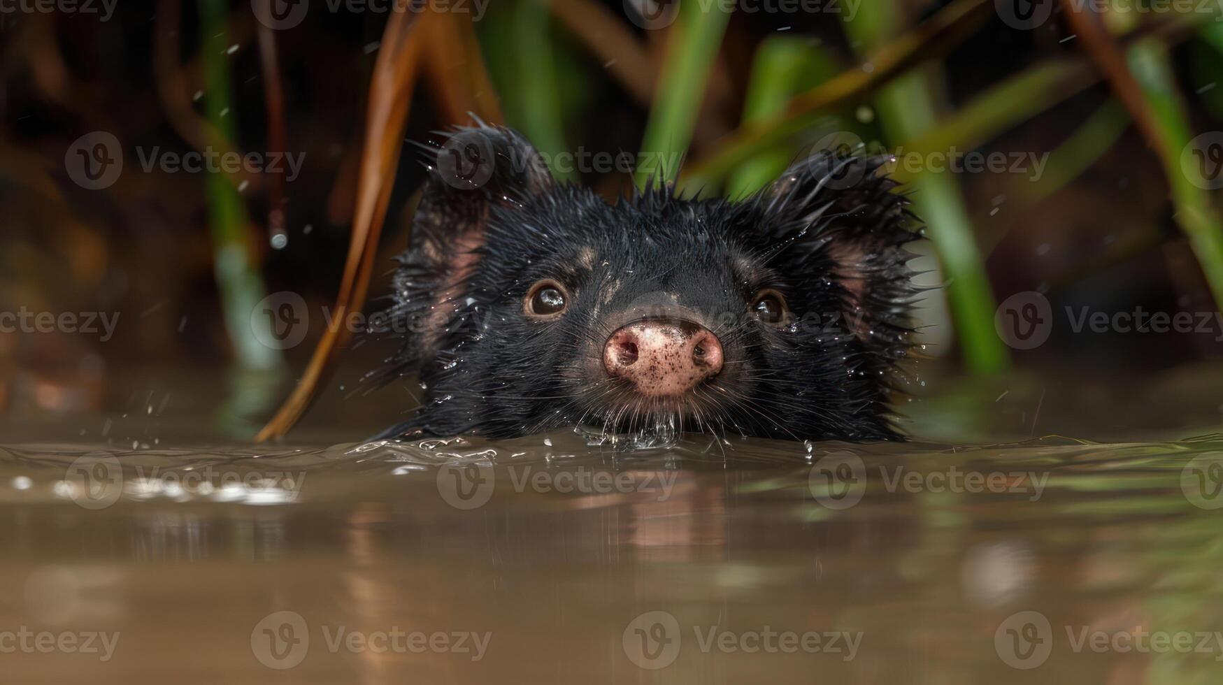 A close-up of a black animal emerging from water surrounded by lush greenery, showcasing nature photo