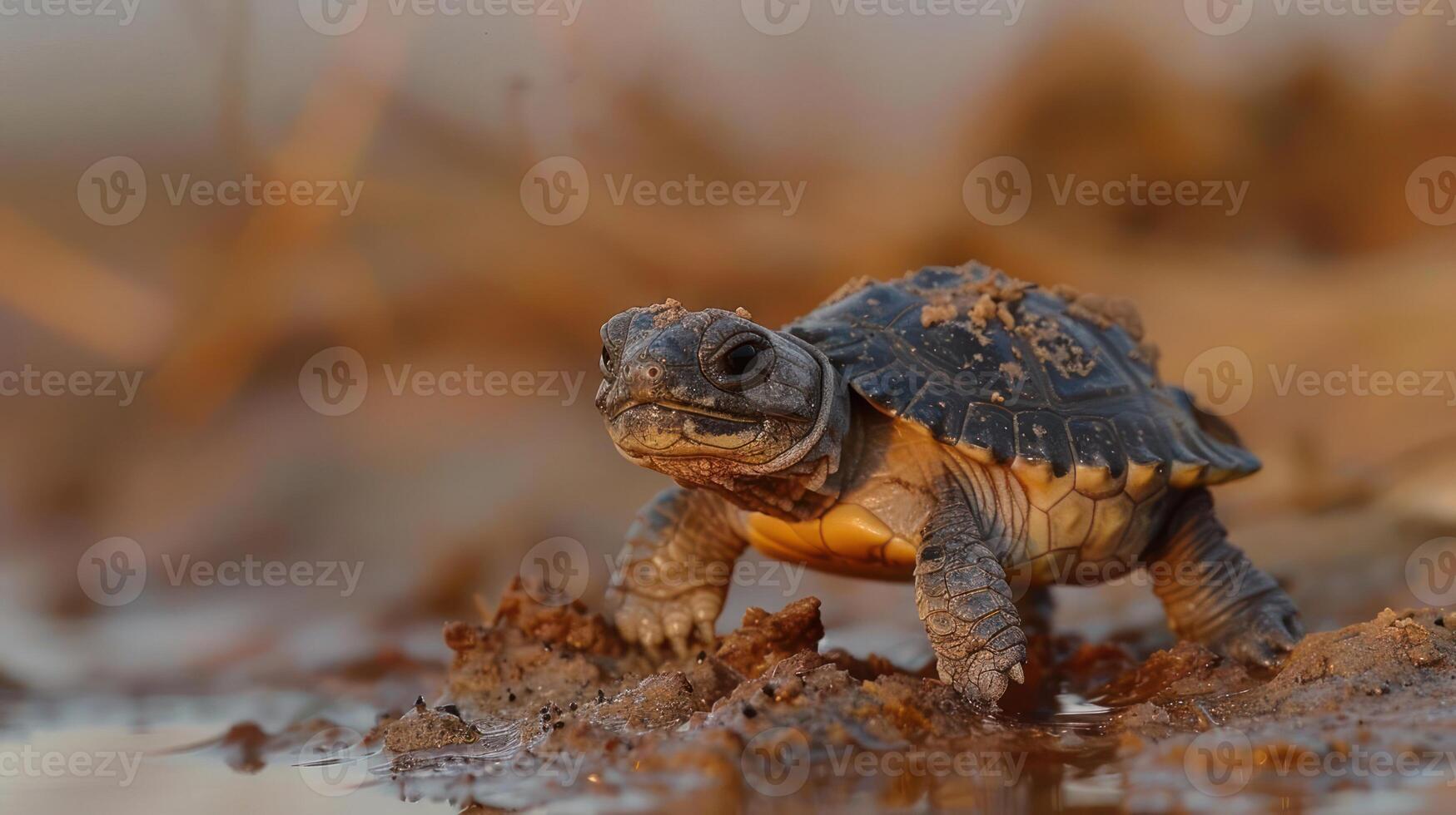 A young turtle emerging from muddy water with a blurred natural background at sunrise photo