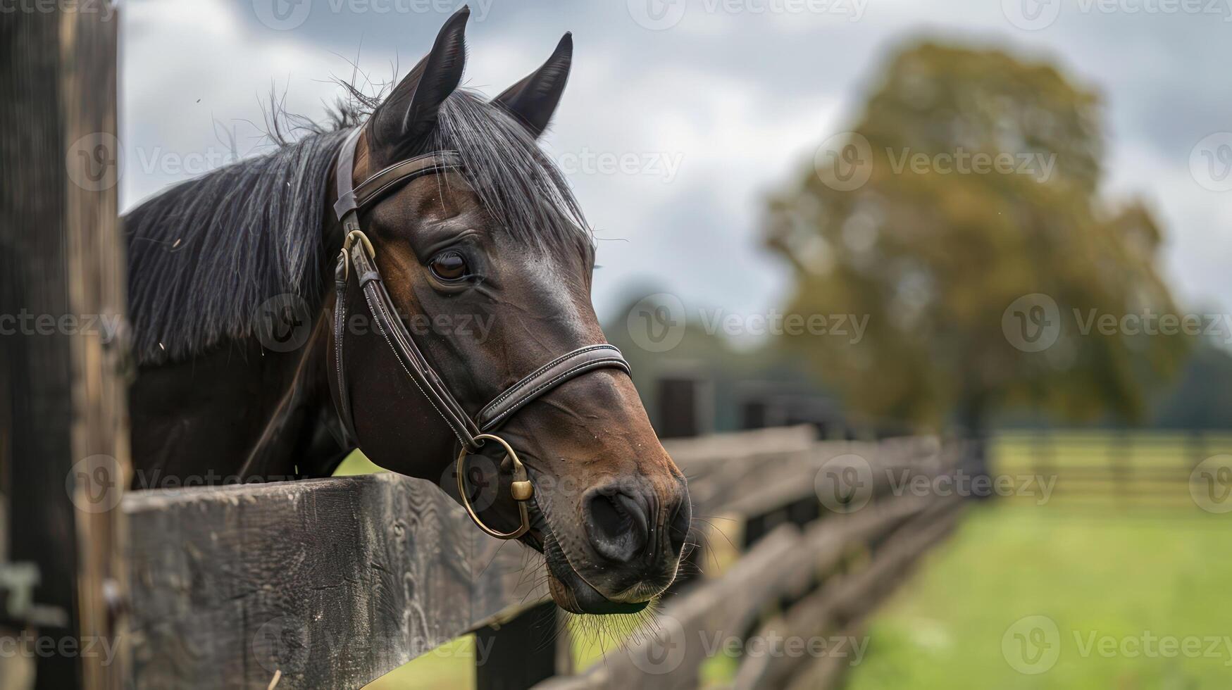 Majestic horse peering over a wooden fence in a serene countryside setting with trees photo
