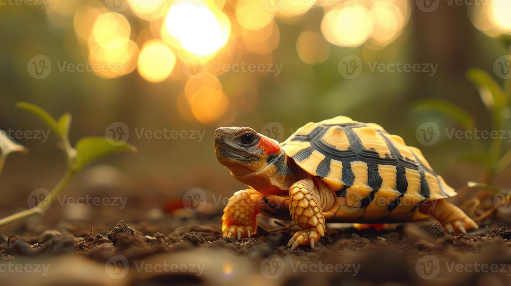 A vibrant tortoise crawling on earthy ground during sunset, surrounded by soft bokeh lights photo