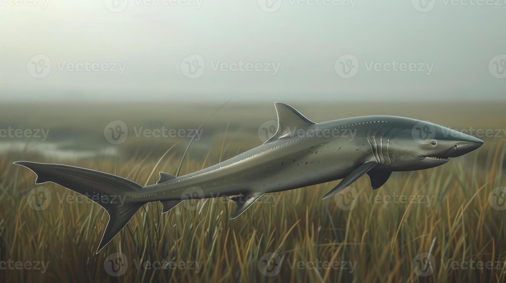 A realistic depiction of a shark swimming through tall grasses in a misty marshland photo