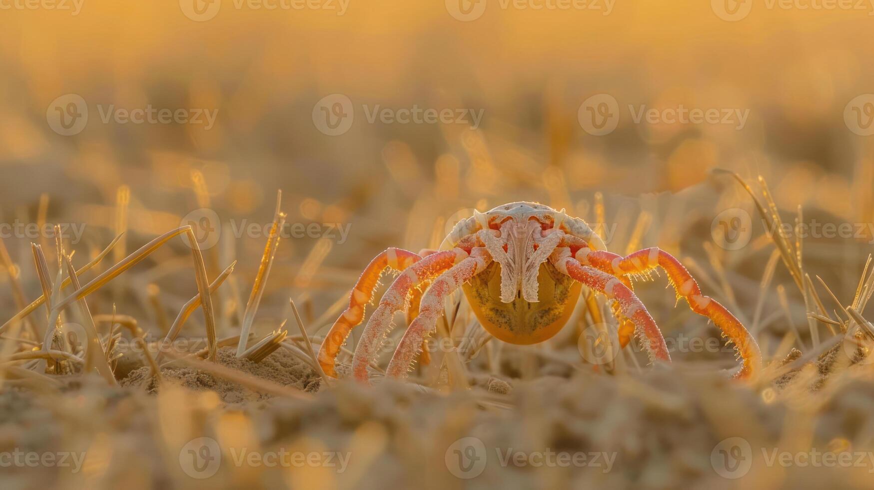 Close-up of a vibrant crab on sandy terrain during sunset, showcasing detailed anatomy and warm colors photo
