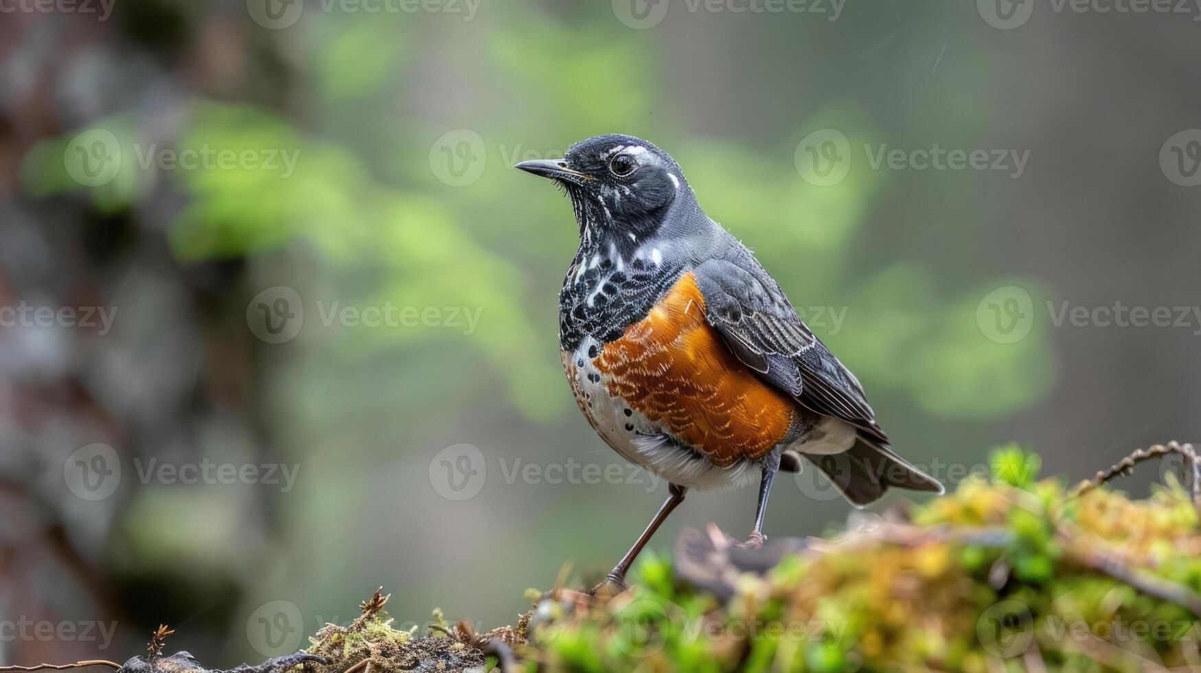 A vibrant bird perched on a mossy log in a lush forest, showcasing nature's beauty and tranquility photo