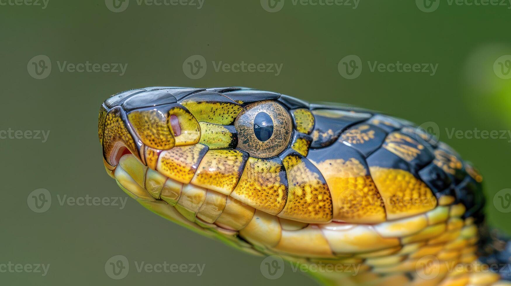 Close-up of a vibrant snake's head showcasing intricate scales and vivid colors in nature photo